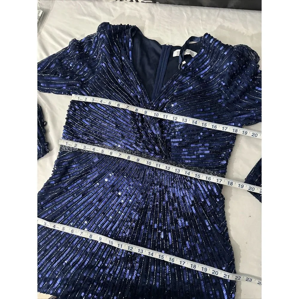 NWT $598 Mac Duggal [ 12 ]‎ 5501 Sequined Wrap Over Bishop Sleeve Gown Blue - Picture 5 of 16